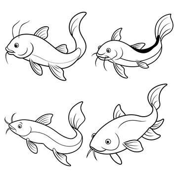 Cute catfish cartoon vector illustration set, fish line art icons for logo and design.