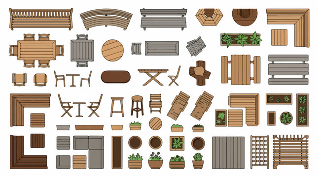 Outdoor garden furniture top view vector set, wooden patio tables and chairs for landscape design, backyard terrace furniture collection