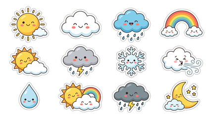 Obraz premium Cute Weather Icons Set: Sun, Clouds, Rainbow, Rain, Snow, Moon