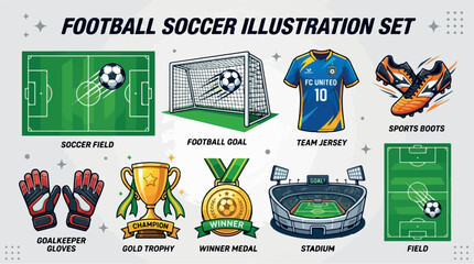 Obraz premium Football soccer illustration set, sports equipment icons with stadium and jersey, gold trophy and winner medal vector collection