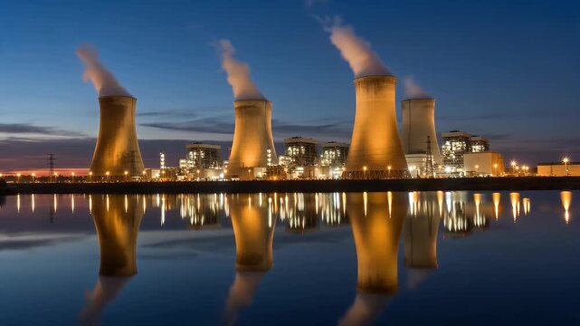 Nuclear Power Plant At Night With Reflections