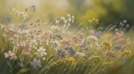 Obraz premium A vibrant meadow filled with delicate wildflowers in various pastel shades sways gently under soft sunlight, creating a serene and natural scene.