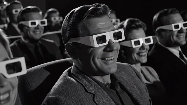 Retro Cinema Audience Watching Movie In 3D Glasses