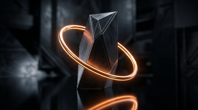 A futuristic geometric crystal emits glowing orange energy rings against a dark abstract background with sharp lighting effects