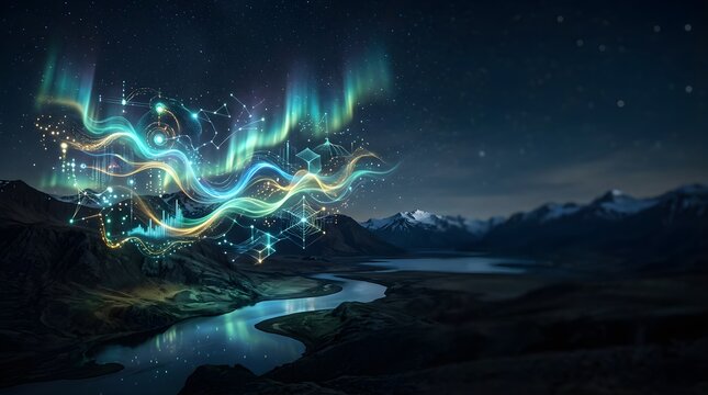 Glowing digital data stream above a mountain landscape at night