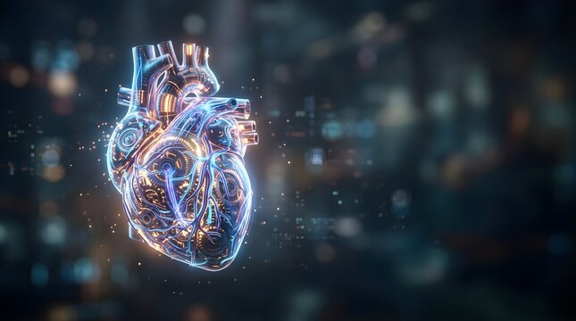 Glowing digital human heart model with internal mechanical gear structure