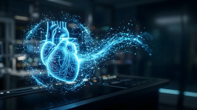 Glowing digital human heart hologram for advanced medical diagnostics