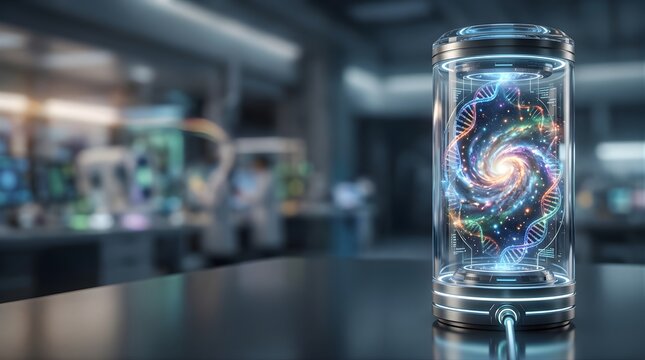 Glowing DNA double helix inside a futuristic laboratory glass cylinder