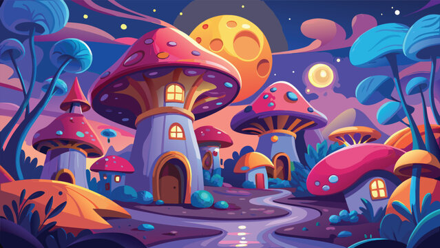 Whimsical mushroom village under a large moon with vibrant nocturnal sky and stylized landscape vector illustration