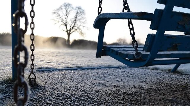 Old blue wooden swing bench on a frosty morning in a misty park at sunrise