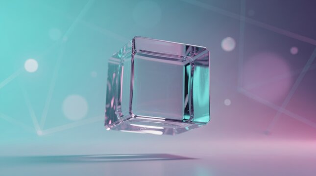 A transparent glass cube floats in a futuristic, softly lit environment with pastel blue and purple hues and subtle geometric lines.