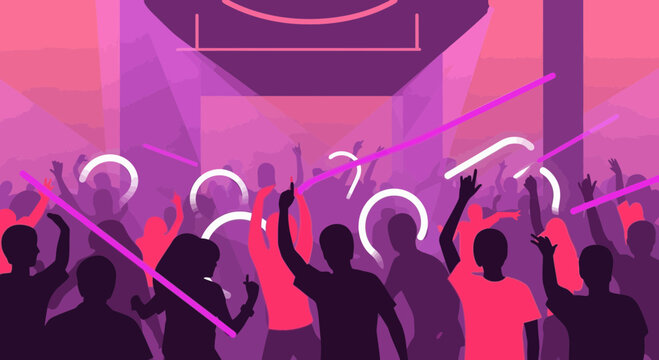Vibrant nightlife scene with dancing crowd silhouetted against dynamic lighting effect illustration