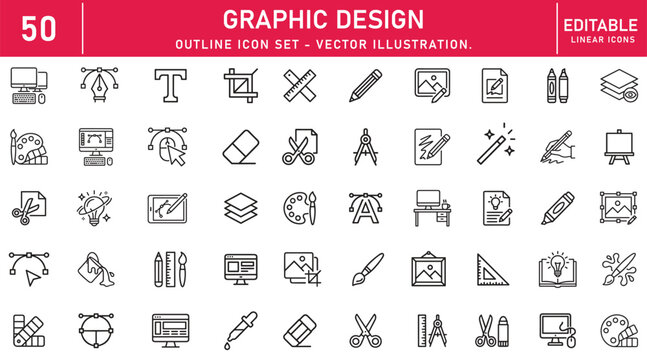 Graphic Design icon set. Creative design related line icons: typography, illustration, branding, drawing tools, visual identity, graphic editing and more. Editable stroke. Vector illustration.
