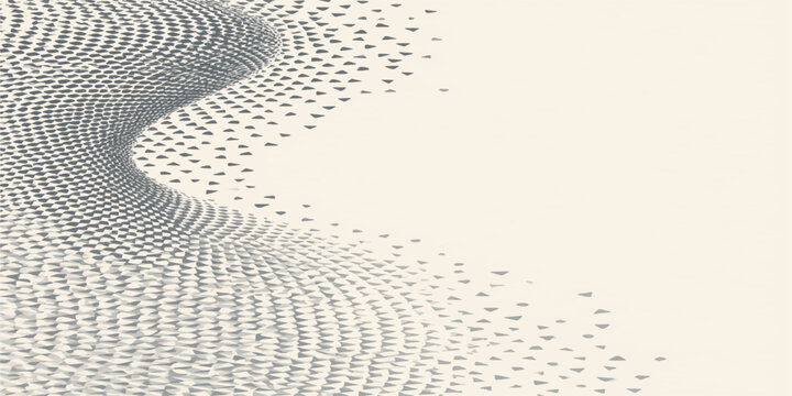 Elegant off-white background featuring a flowing grey halftone particle stream