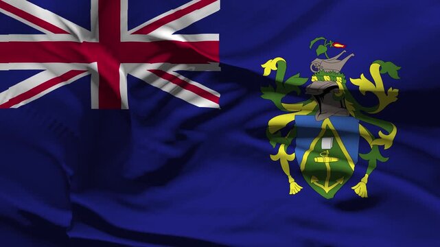 Closeup Pitcairn Islands Flag Wave Loop waving in wind Realistic Pitcairn Islands Flag background