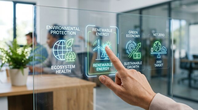 Future of Sustainability Touching Icons for Environmental Protection, Renewable Energy, and Green Economy