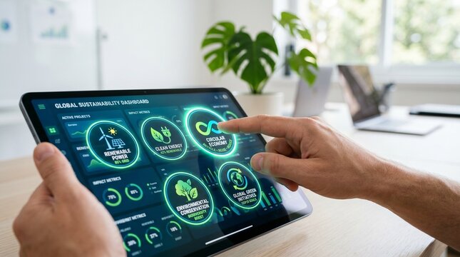 Hands interacting with a futuristic digital sustainability dashboard on a tablet, monitoring global environmental data and eco-friendly initiatives for a sustainable business strategy