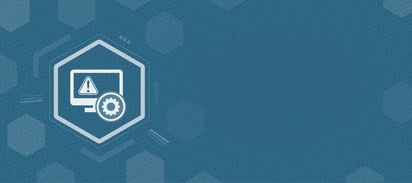 Abstract digital illustration featuring a monitor with an alert symbol and settings gear icon on a blue geometric background, providing ample copy space for custom design projects.