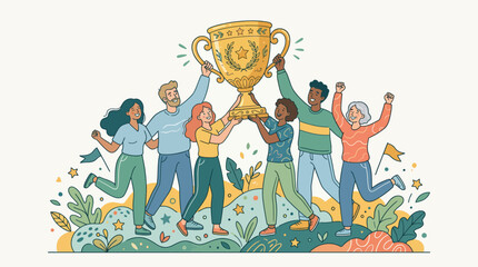 Fototapeta premium People celebrating with trophy in festive outdoor setting with confetti