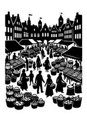 Obraz premium Black and white silhouette of a busy medieval town market square