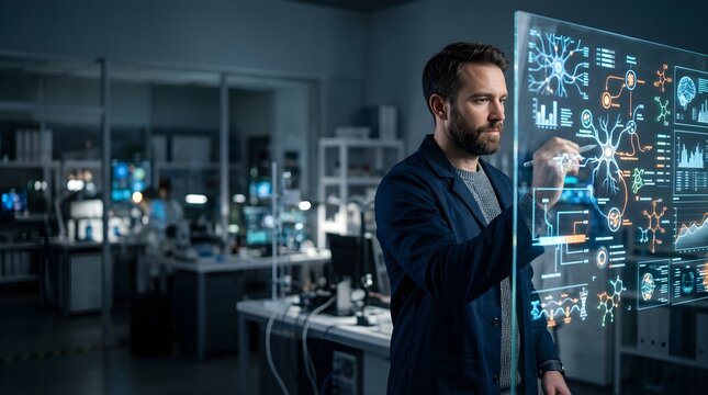Professional scientist using digital glass interface in a modern laboratory