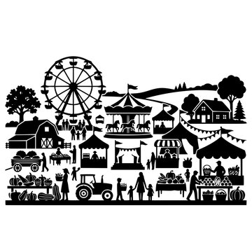 Silhouette of a Harvest Festival with Ferris Wheel Carousel and Farm Market