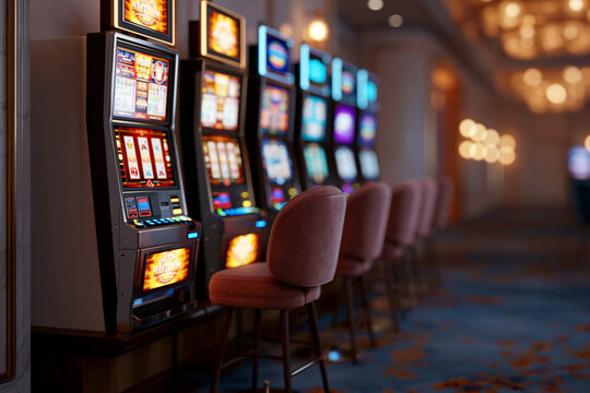 Rows of slot machines glow warmly in dimmed casino light. High-gloss screens flash enticing symbols, inviting players to try their luck. Comfortable chairs sit before each machine, ready for gamblers