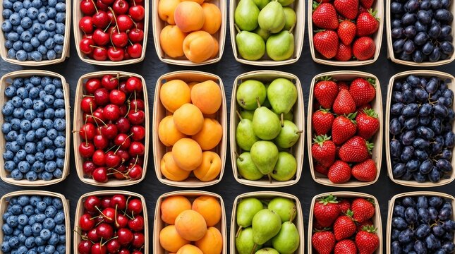 Flat lay of fresh organic berries and assorted fruits in wooden punnets.