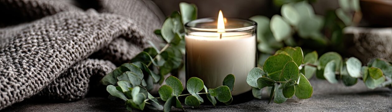 A lit candle surrounded by eucalyptus leaves and a cozy gray knitted blanket creates a warm, relaxing atmosphere.