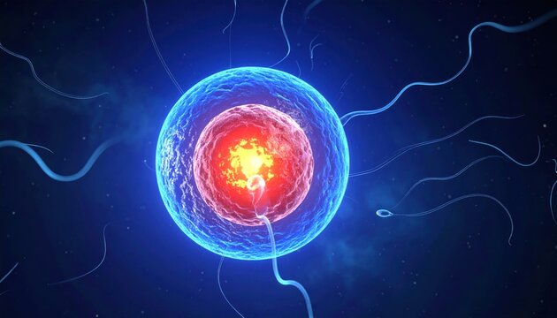 Sperm Cells Surrounding Human Egg Cell.