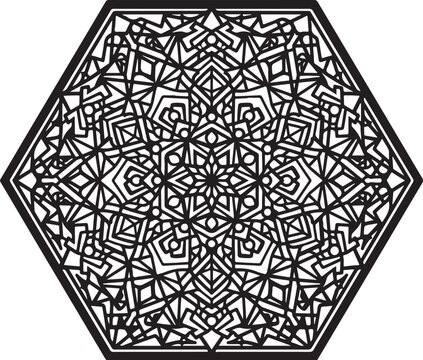 Geometric, black and white, mandala pattern, hexagonal design, abstract art
