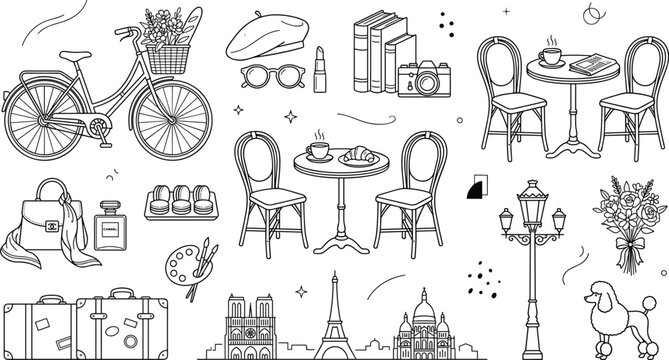 Paris Travel and French Bistro Culture Line Vector Icon Set with Eiffel Tower Cafe Table Bicycle Croissant Macarons Poodle and Landmark Symbols