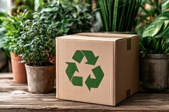 Cardboard shipping box with green recycling symbol among potted plants on a rustic wooden surface for eco-friendly business marketing