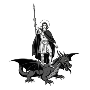 Black and white vector illustration of a saintly warrior or Saint George standing victoriously on a defeated dragon, holding a long spear or lance, isolated on white background.