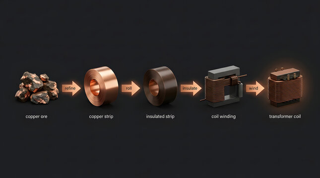 Industrial process of transforming raw copper ore into a finished transformer coil through refining rolling insulation