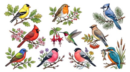 Obraz premium Watercolor Bird Species Collection Sheet With Detailed Feather Illustrations.