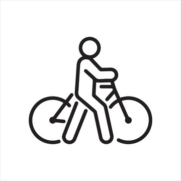 Carrying a bicycle in his hands, linear icon, dismounts before a road crossing. A man on foot leading a bicycle. Line with editable stroke