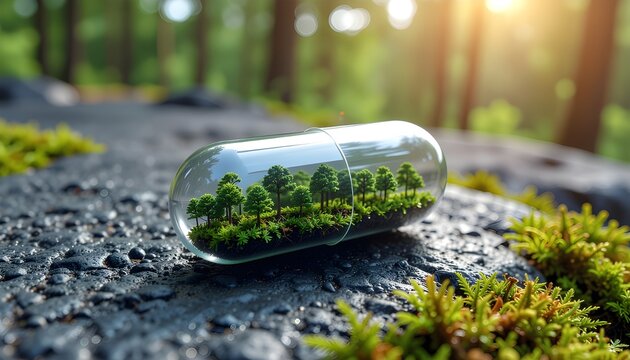 Transparent Medicine Capsule Containing Miniature Forest of Trees and Moss on Dark Stone, Conceptual Macro Photo of Natural Health and Eco Medicine