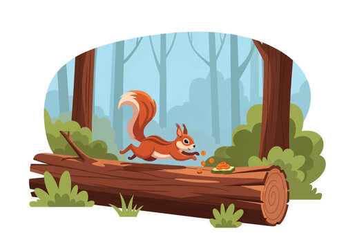 Cartoon illustration of a red squirrel jumping across a fallen tree log in a forest setting. The animal is reaching for small orange nuts against a background of trees and bushes.