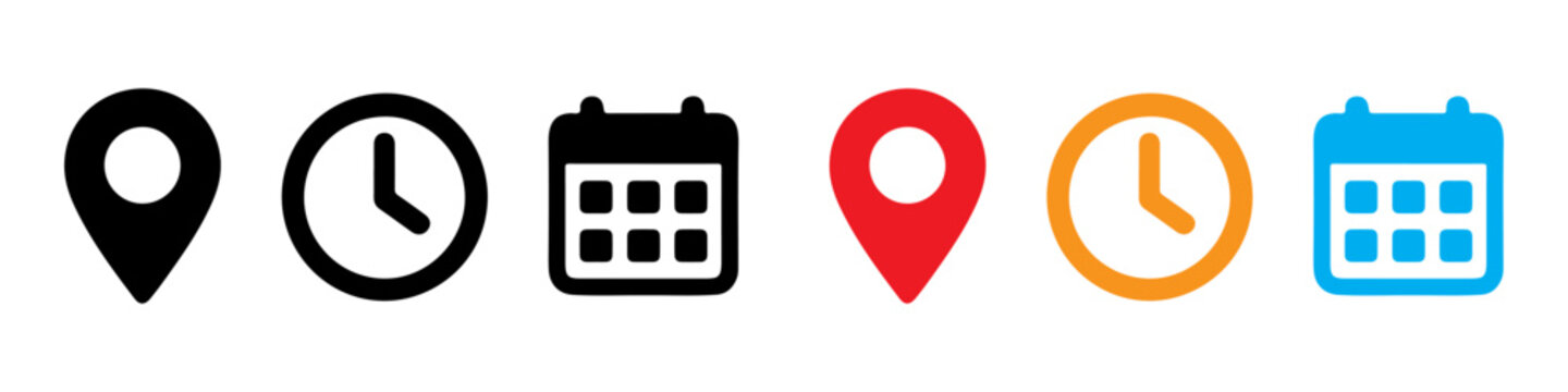 Time date and location icon vector illustration. Calendar, clock, and location pin icons.  Calendar, location pin, and clock icons with event symbol. Editable stroke.