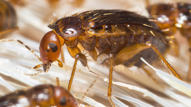 Close-up 3D scientific illustration of flea infestation on pets and human skin, depicting tiny fleas, their parasitic activities and skin irritation caused by bites. 