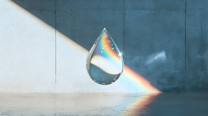 Fototapeta premium A single clear water drop refracting light to create a beautiful rainbow spectrum.