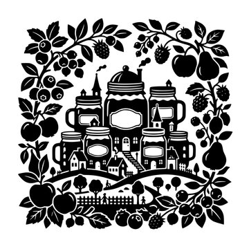 Whimsical Paper Cut Style Jam Jar Village Illustration with Fruit and Berries