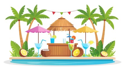 Obraz premium Flat Vector Illustration of a Tropical Tiki Bar by the Pool With Colorful Cocktails Palm Trees Coconuts Tropical Leaves and Party Bunting