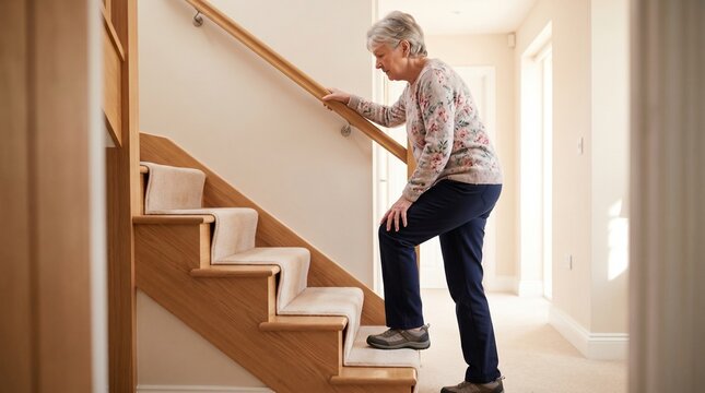 Stair climbing knee pain, Senior woman using handrail, Arthritis mobility challenge, Safe home interior, Joint stiffness lifestyle