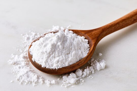 Powdered sugar overflowing on a wooden spoon in a sharp macro shot for culinary branding and baking marketing
