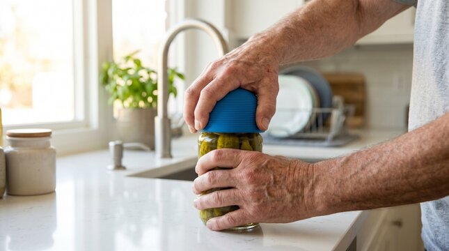 Arthritis hand grip challenge, Older man opening jar, Adaptive kitchen aid, Joint pain daily living, Close up home care