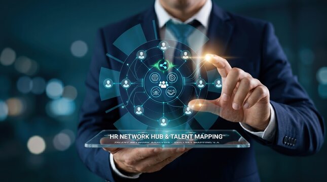 Businessman holding tablet displaying HR network hub and talent mapping concept, visualizing skillset analysis and professional connections through digital overlay.