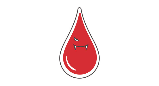 Spooky Cartoon Blood Drop Character with Vampire Fangs and Evil Expression