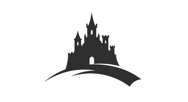 Black silhouette of a majestic fairytale castle with multiple spires and towers on a hill, ideal for fantasy or medieval themed logos
